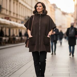 Bryn Walker women’s Pip Poncho wool sherpa oversized full zip vest pockets sz M